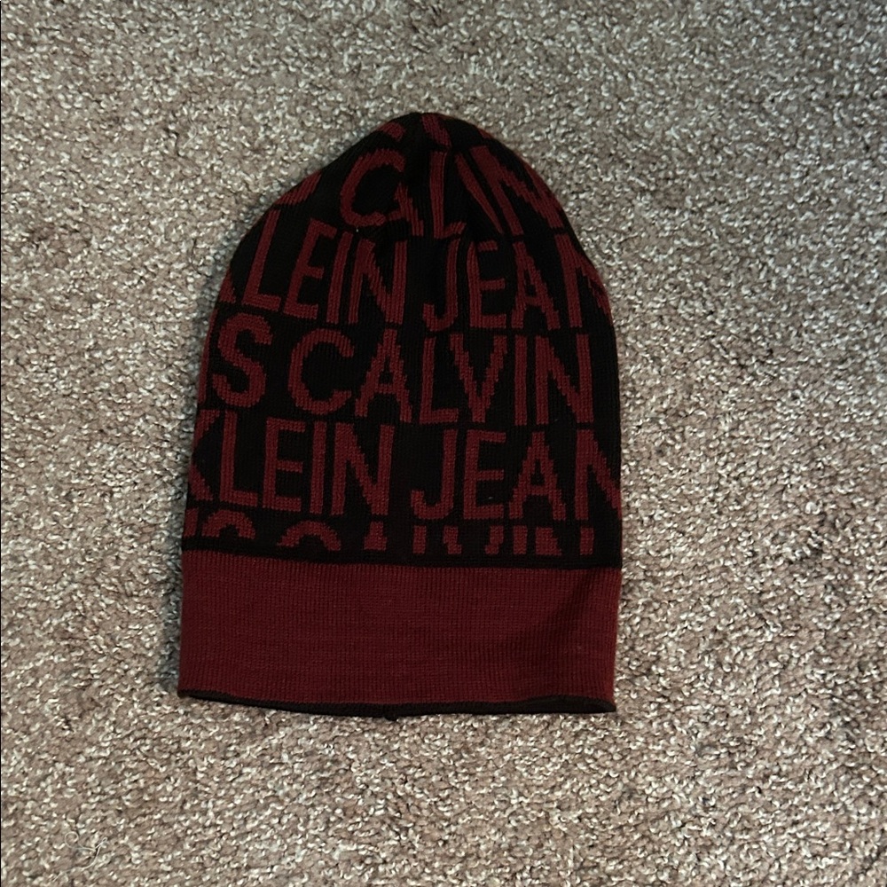 Calvin Klein Burgundy and Black Knit Beanie